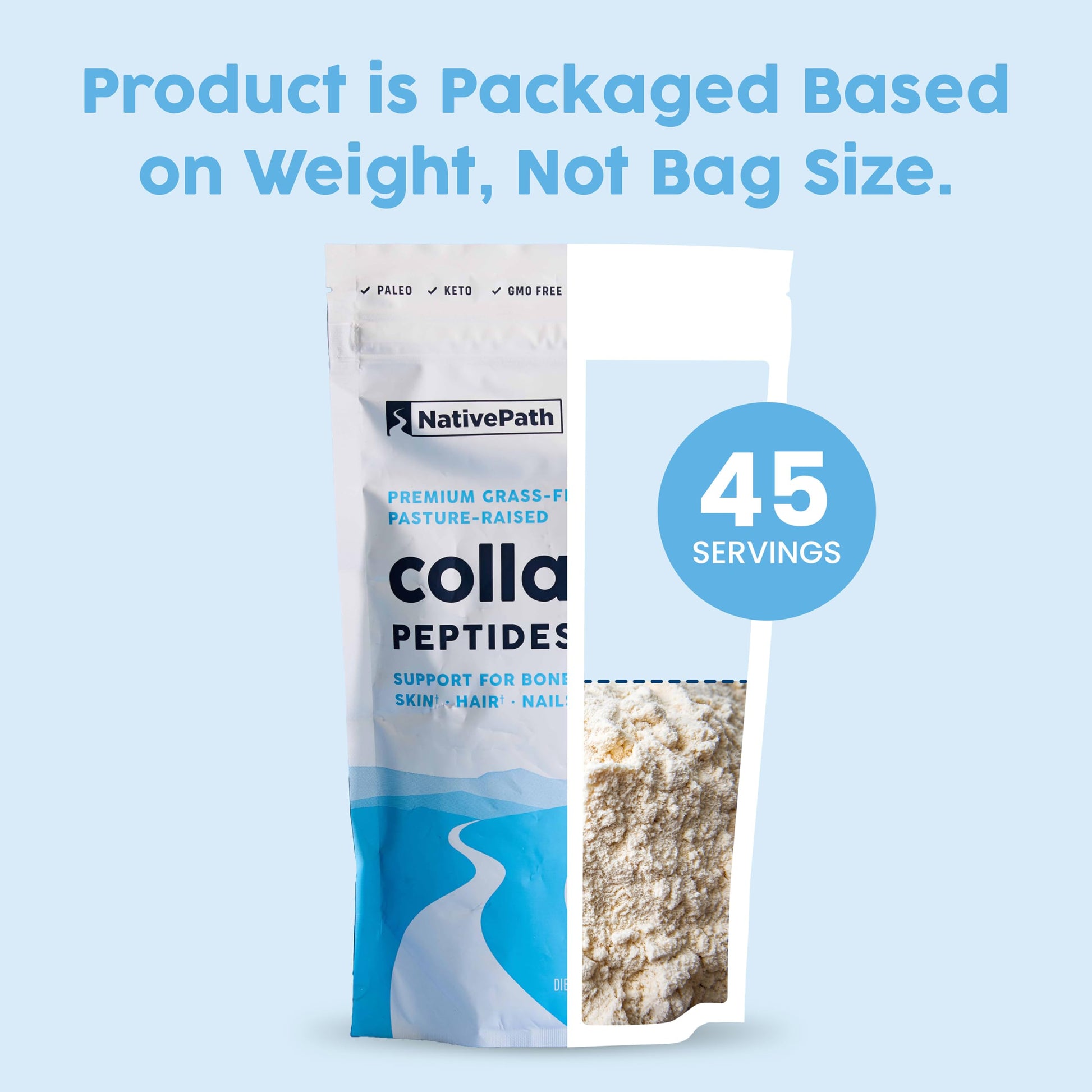 Close-up of the Paleo and Keto certified logos on the NativePath Collagen Peptides bag