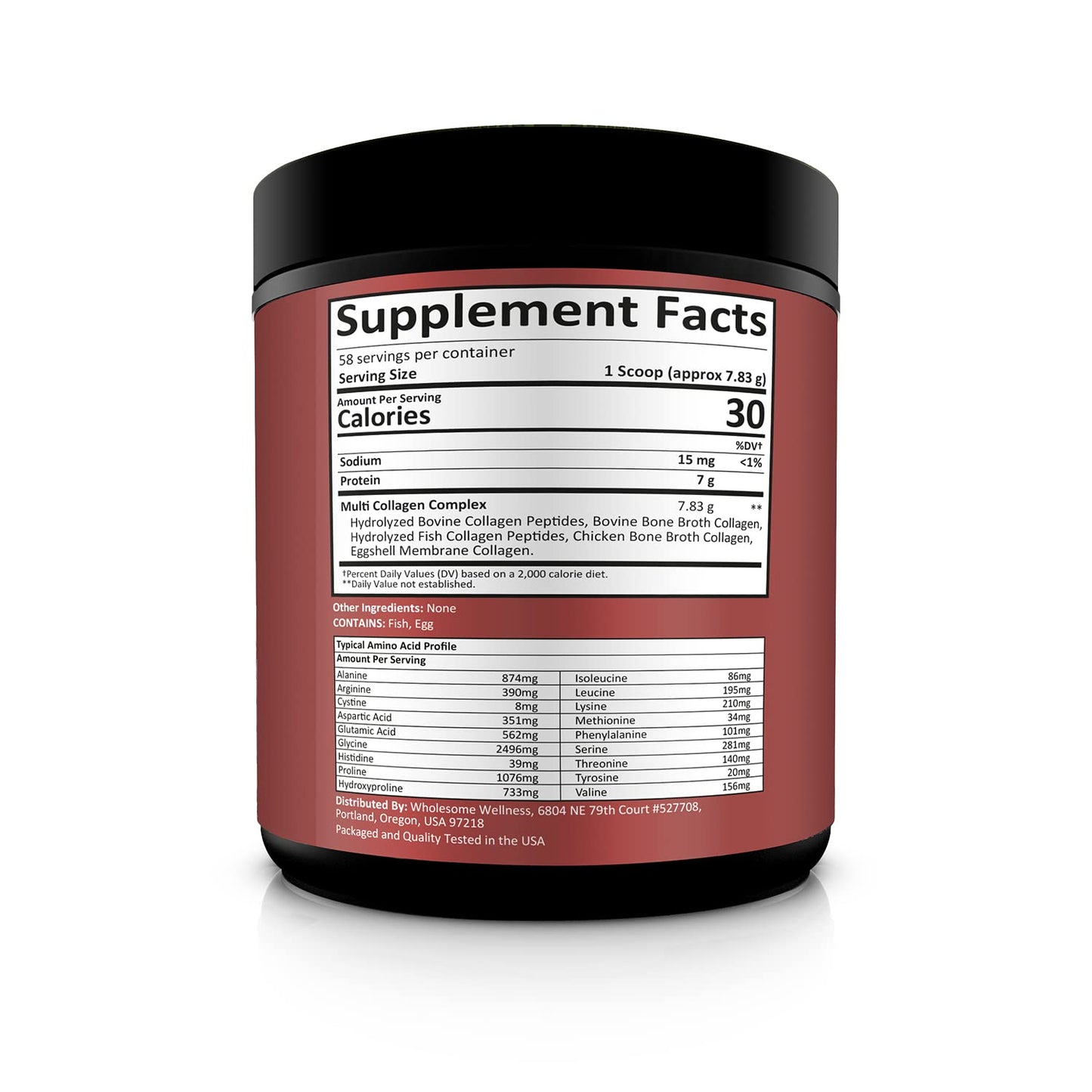 Wholesome Wellness unflavored collagen protein powder supplement nutritional facts label close up