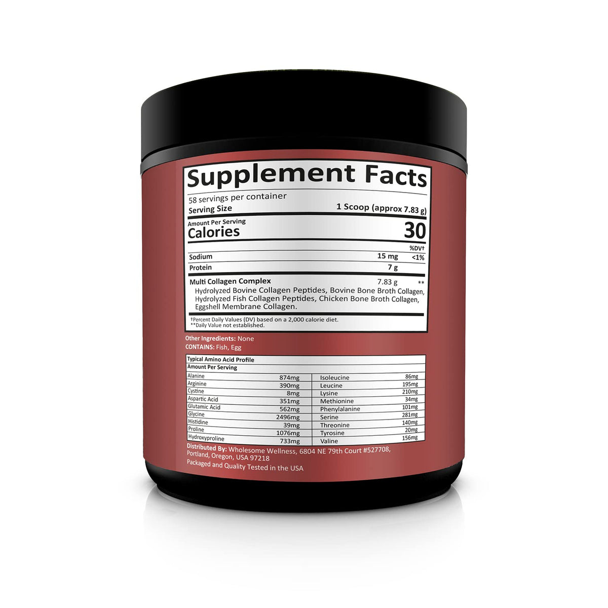 Wholesome Wellness unflavored collagen protein powder supplement nutritional facts label close up