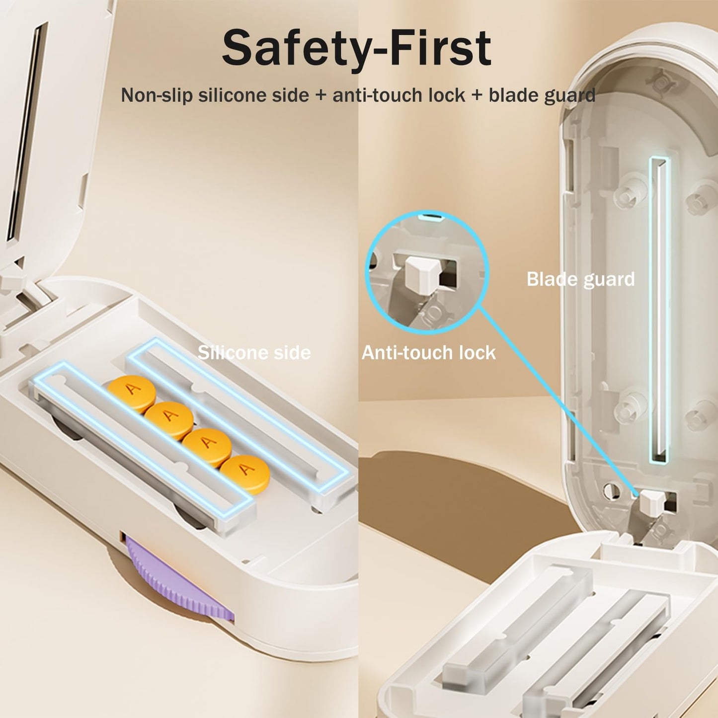 Compact travel pill splitter with integrated storage compartment holding doses