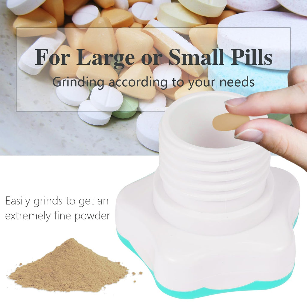 Teal and white medicine grinder tool showing ergonomic non slip silicone pentagram edges