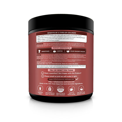 Scoop of hydrolyzed multi collagen peptides powder being poured into a morning coffee mug