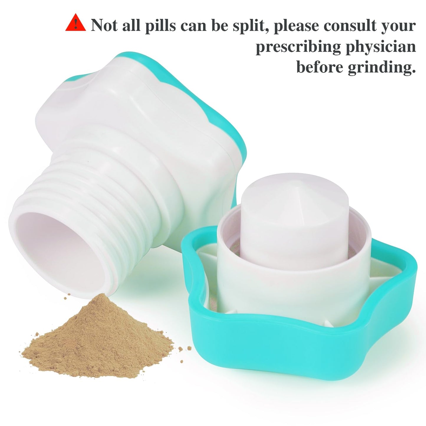 Handheld pill crushing gadget grinding multiple vitamins into clump free fine powder