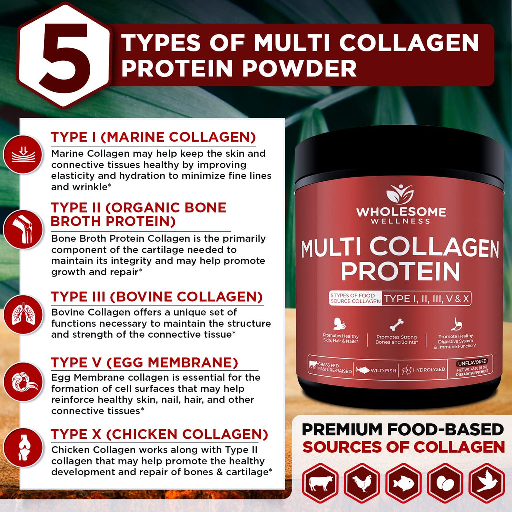 Premium grass fed and wild caught multi collagen peptides container beside a fresh fruit smoothie