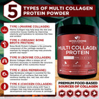 Premium grass fed and wild caught multi collagen peptides container beside a fresh fruit smoothie