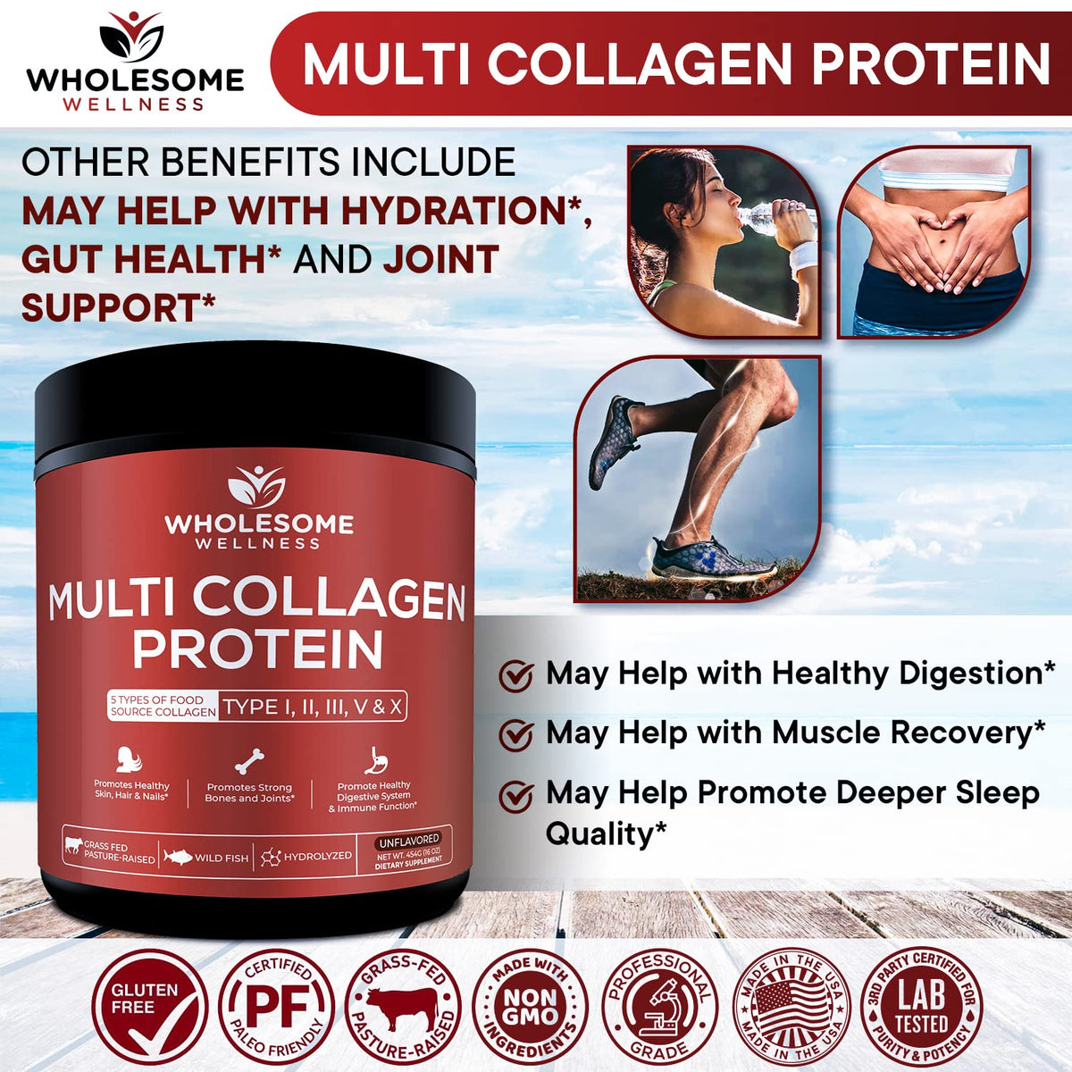 Side view of Wholesome Wellness unflavored protein powder highlighting allergen free certifications