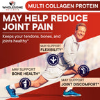 Wholesome Wellness multi collagen peptides 16 ounce tub showing serving size and directions text