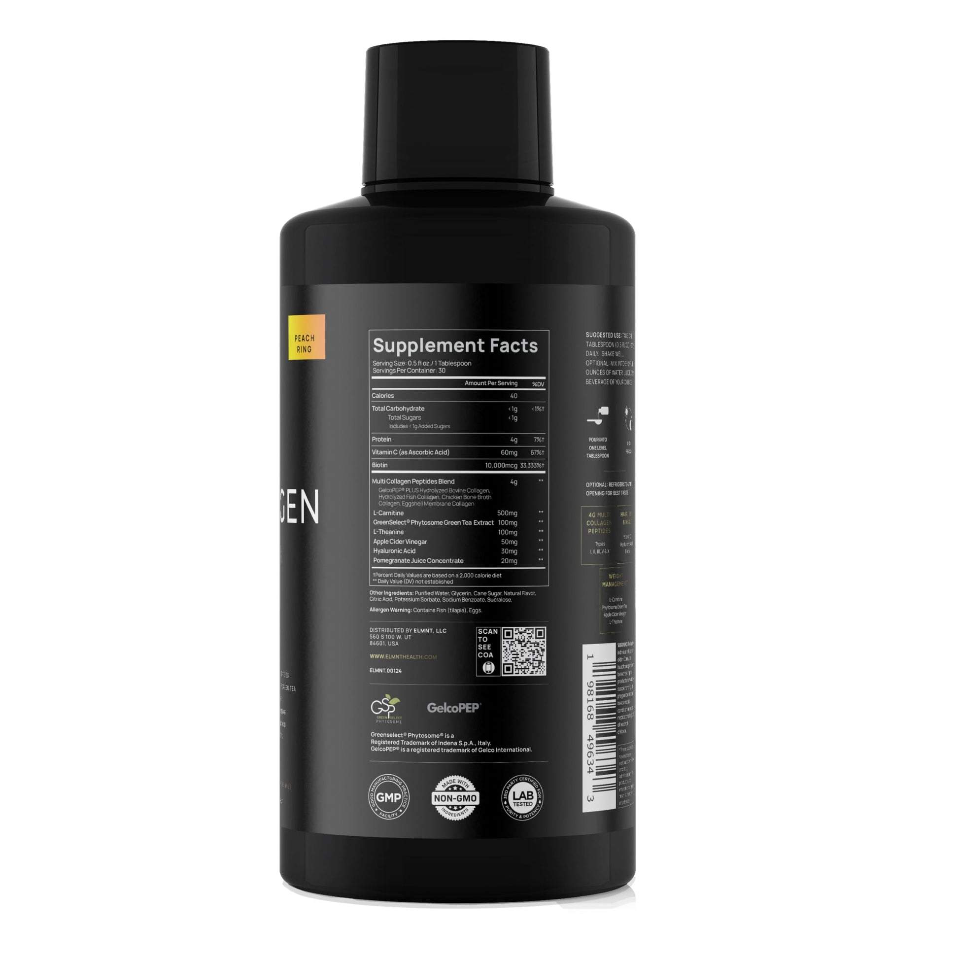 Terra Elmnt liquid collagen shot supplement bottle with premium peach ring gummy flavor