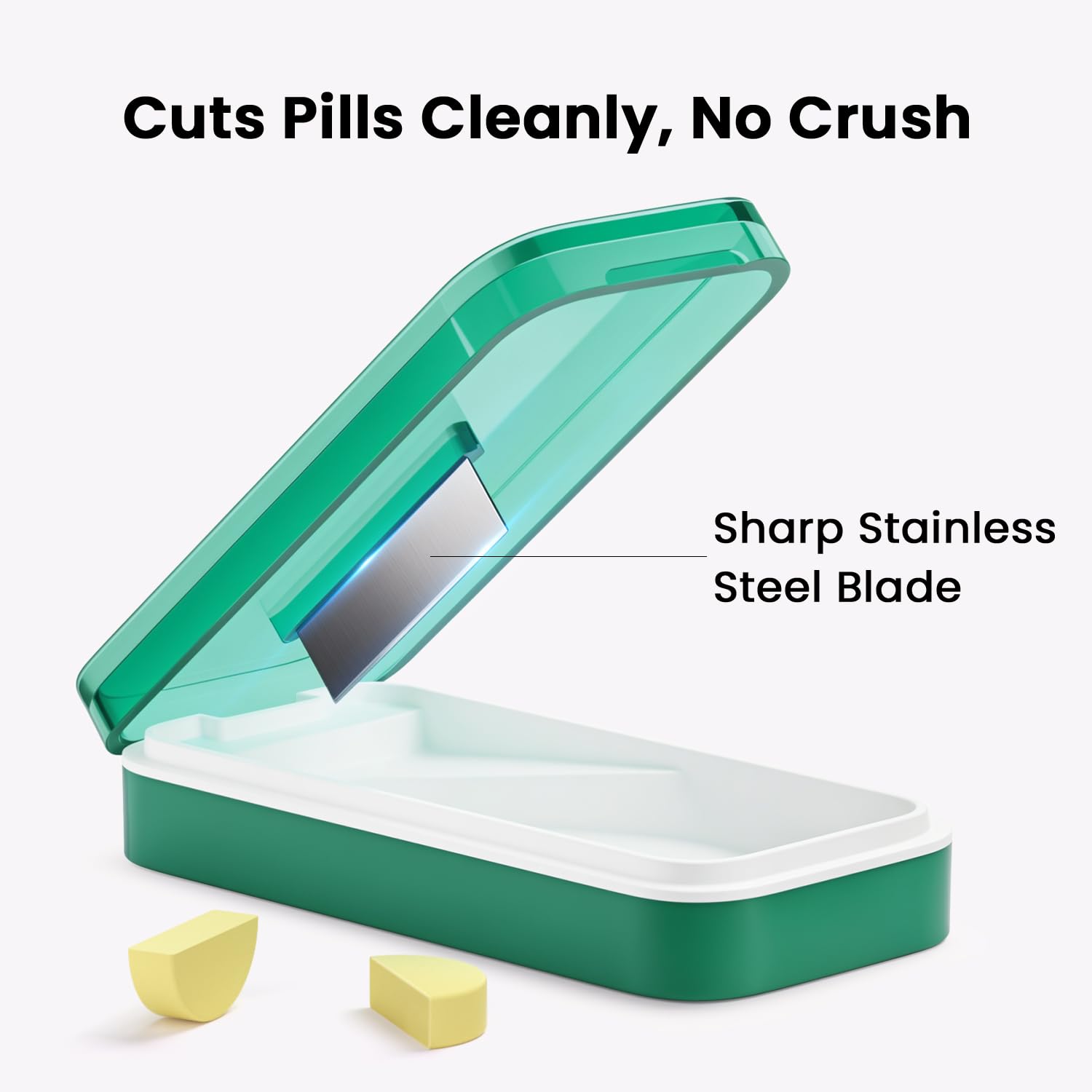 Aigret Future tablet splitter open displaying sharp stainless steel blade