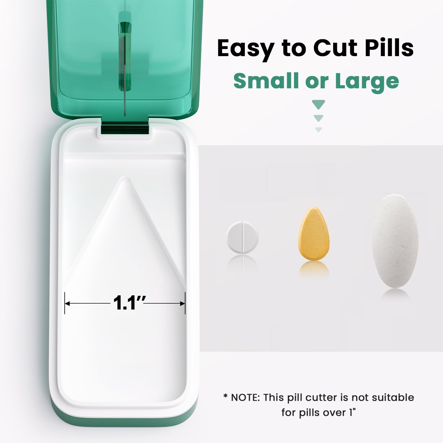 Aigret Future medication cutter showing precise half division of a small pill