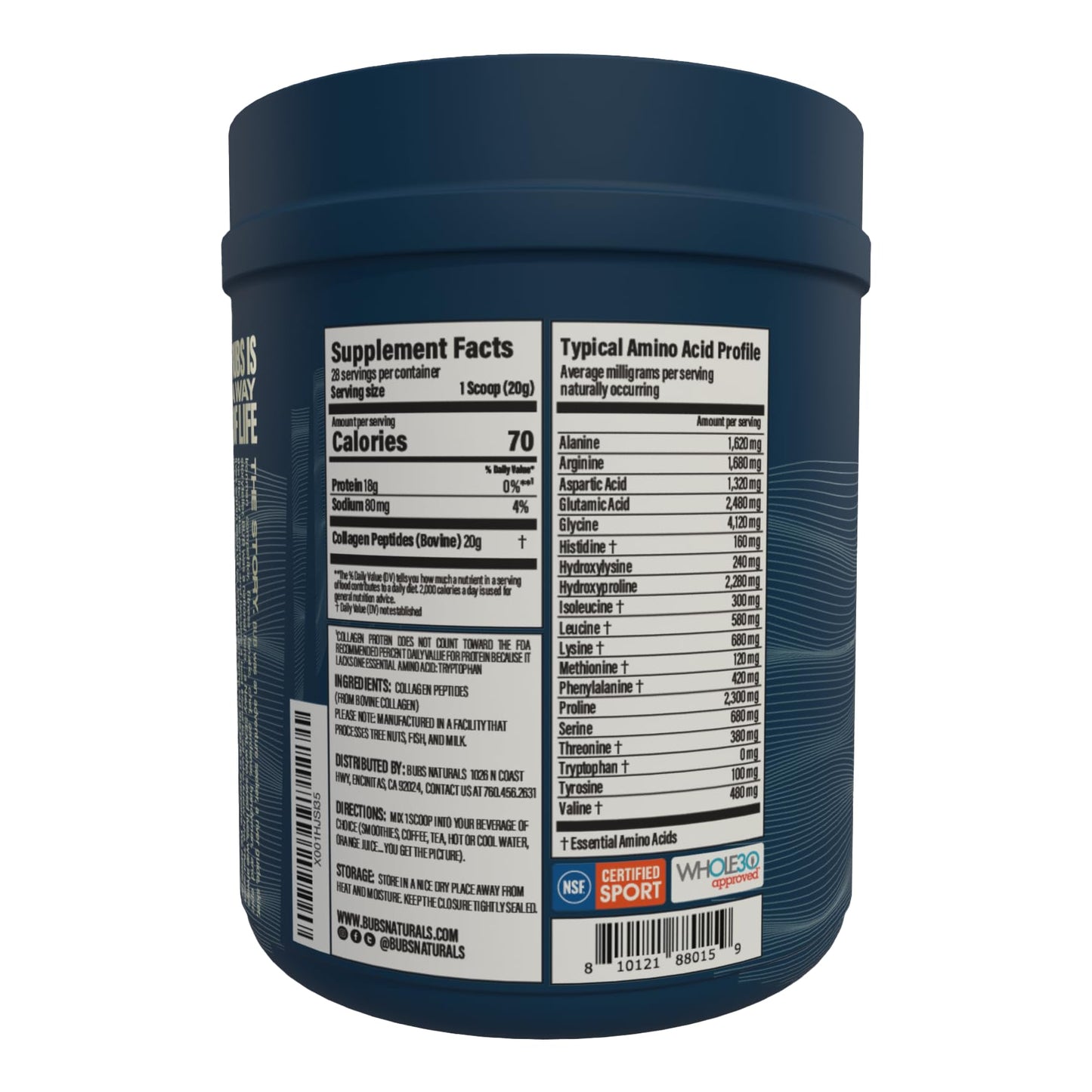 BUBS Naturals dairy free gluten free collagen peptides supplement details