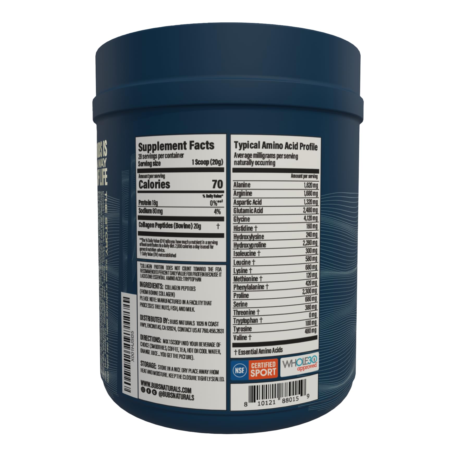 BUBS Naturals dairy free gluten free collagen peptides supplement details