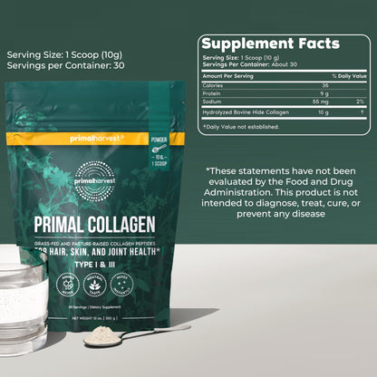 Hydrolyzed Type I and III collagen powder scoop being mixed smoothly into a morning cup of hot black coffee