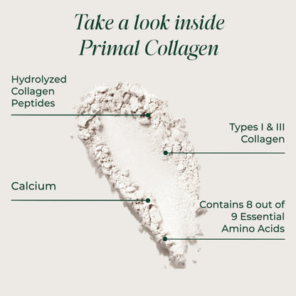 Back label view of Primal Harvest protein supplement detailing supplement facts, ingredients list, and allergen-free certifications