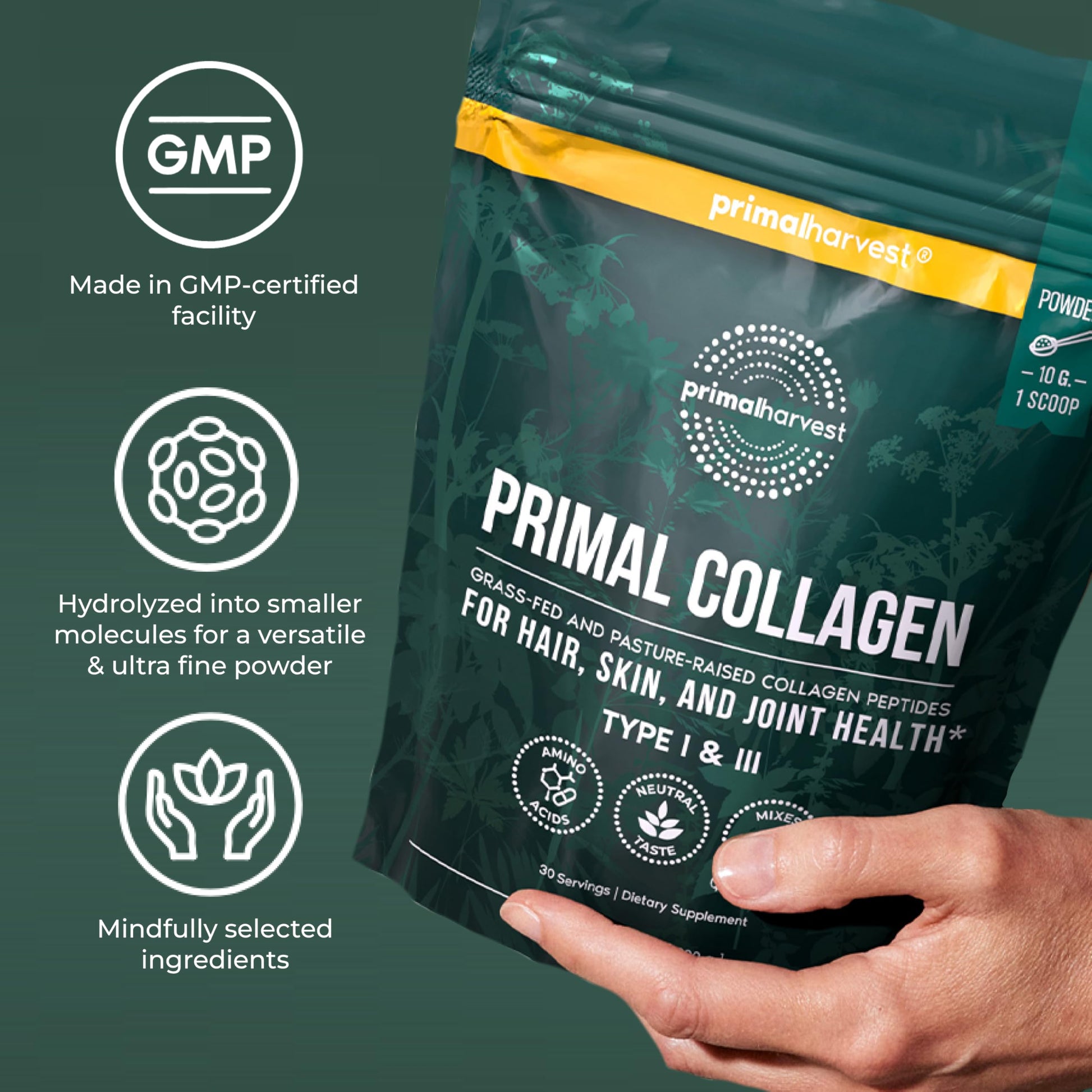 Primal Harvest nutrition powder displayed alongside fresh healthy ingredients for a daily morning wellness smoothie recipe