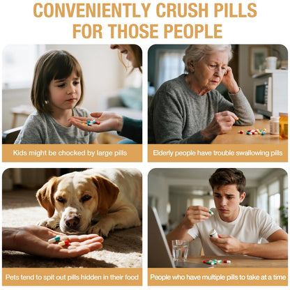 Feiorn multi-pill crusher chamber filled with assorted vitamins and tablets.
