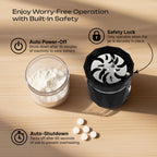 Compact InsurMedic automatic pill crusher showing the 150W motor housing