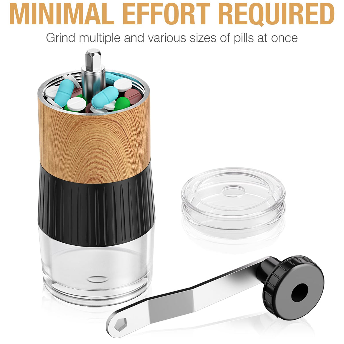 Compact Feiorn pill grinder packed in travel luggage for healthcare mobility.