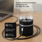InsurMedic cordless pill grinder showing charging setup and cleaning brush accessory