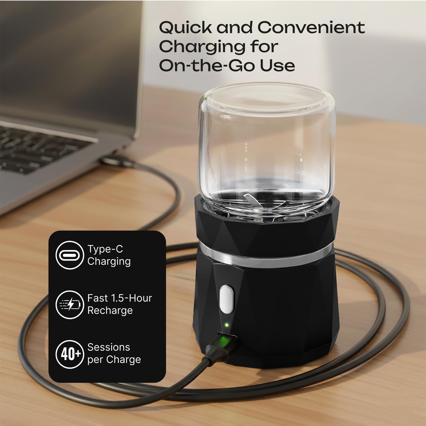 InsurMedic cordless pill grinder showing charging setup and cleaning brush accessory