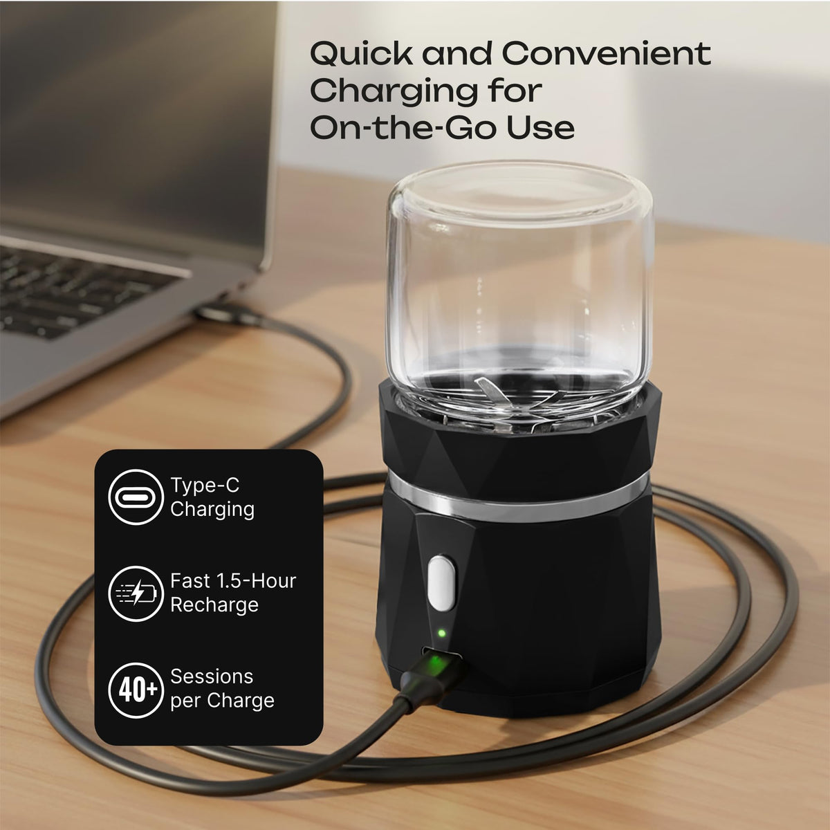 InsurMedic cordless pill grinder showing charging setup and cleaning brush accessory