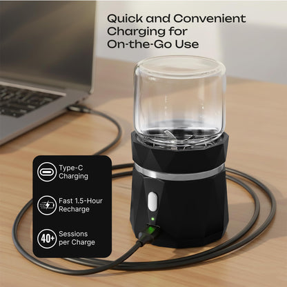 InsurMedic cordless pill grinder showing charging setup and cleaning brush accessory