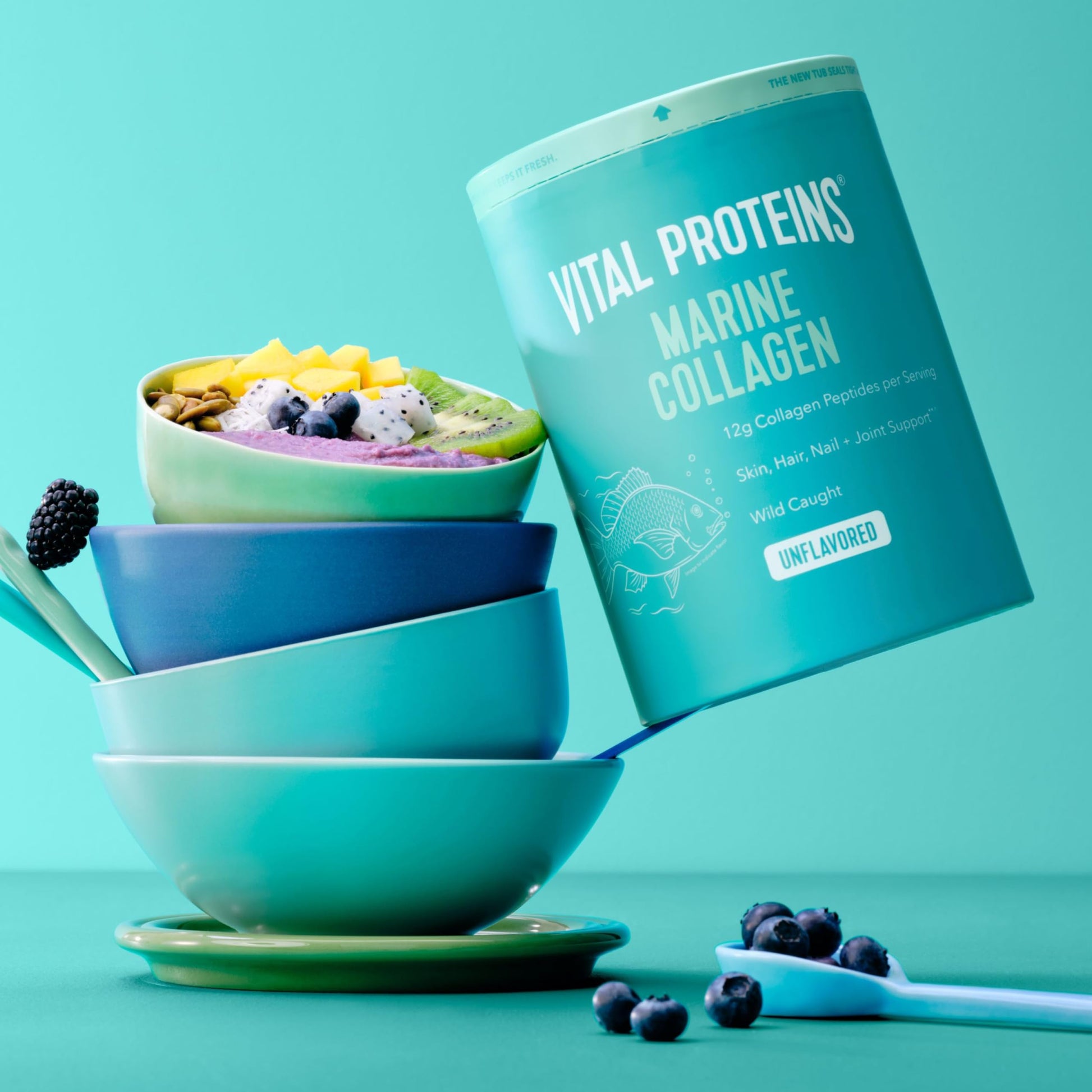 Vital Proteins Marine Collagen Powder supplement side view highlighting nutritional facts and wild caught fish source label