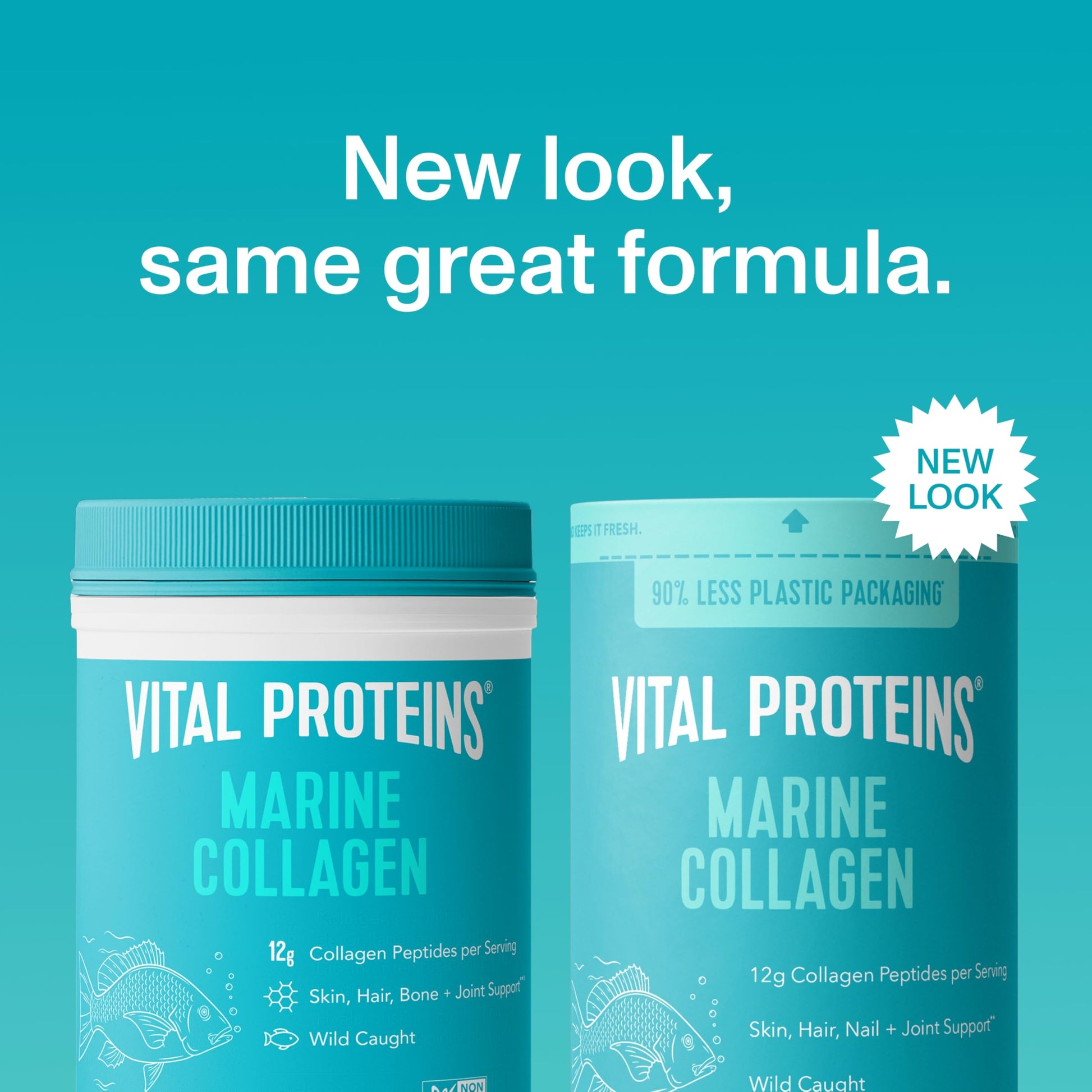 Hydrolyzed fish collagen peptides powder from Vital Proteins displaying ingredients list and non GMO verified seal