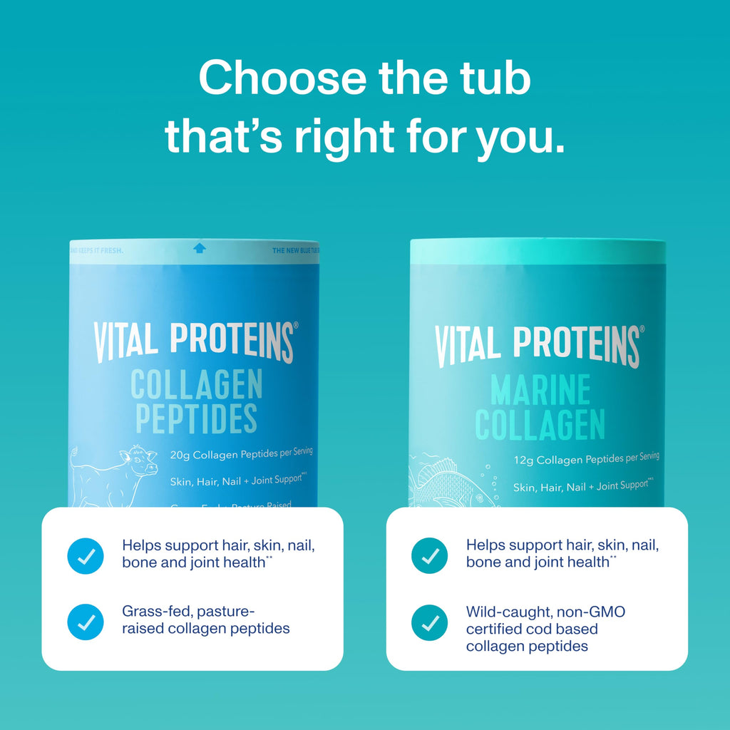 Authentic imported Vital Proteins Marine Collagen canister with unflavored product details displayed clearly