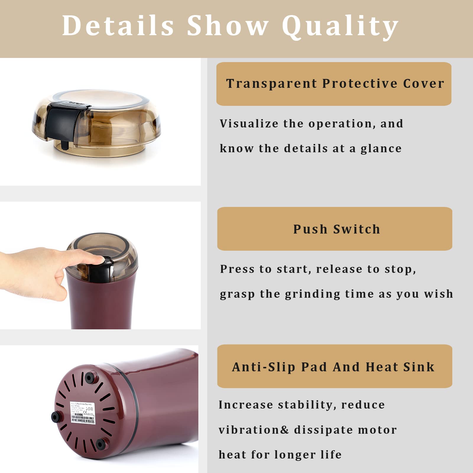 Automatic medicine tablet grinder with transparent lid showing stainless steel blades