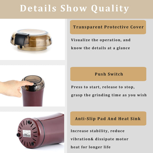 Automatic medicine tablet grinder with transparent lid showing stainless steel blades