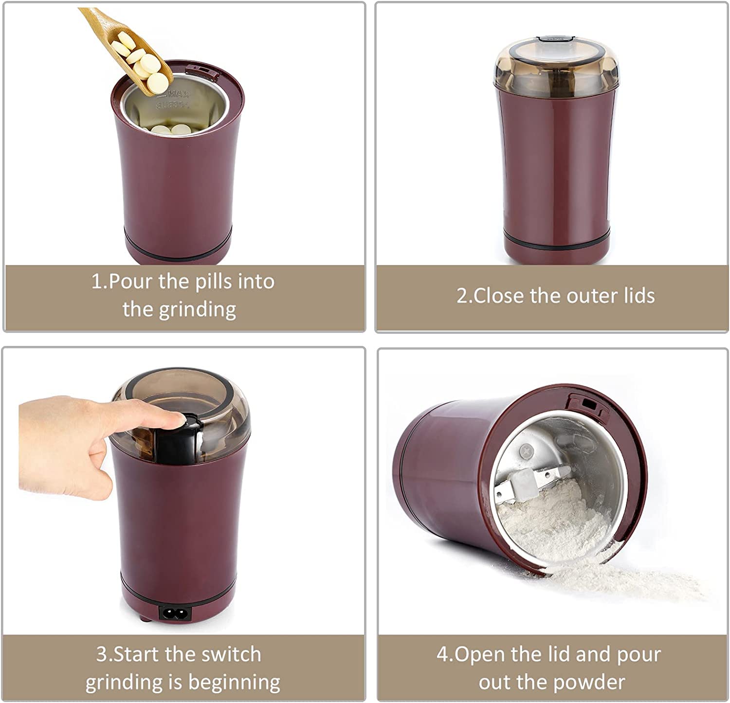 Multi-use dry ingredient spice and vitamin grinder with detachable power cord