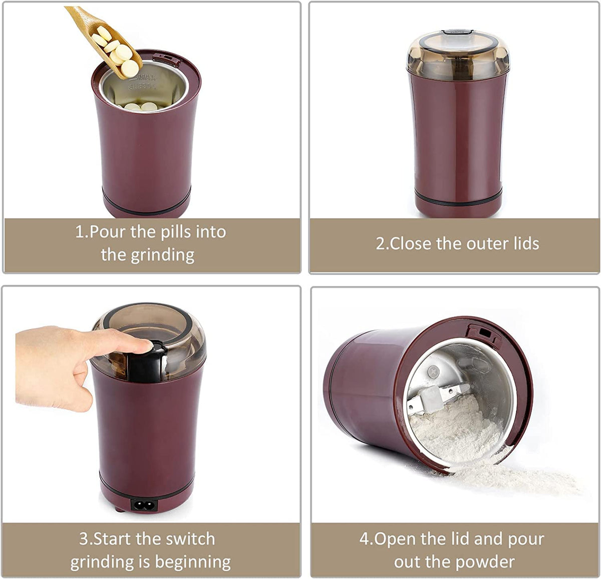 Multi-use dry ingredient spice and vitamin grinder with detachable power cord