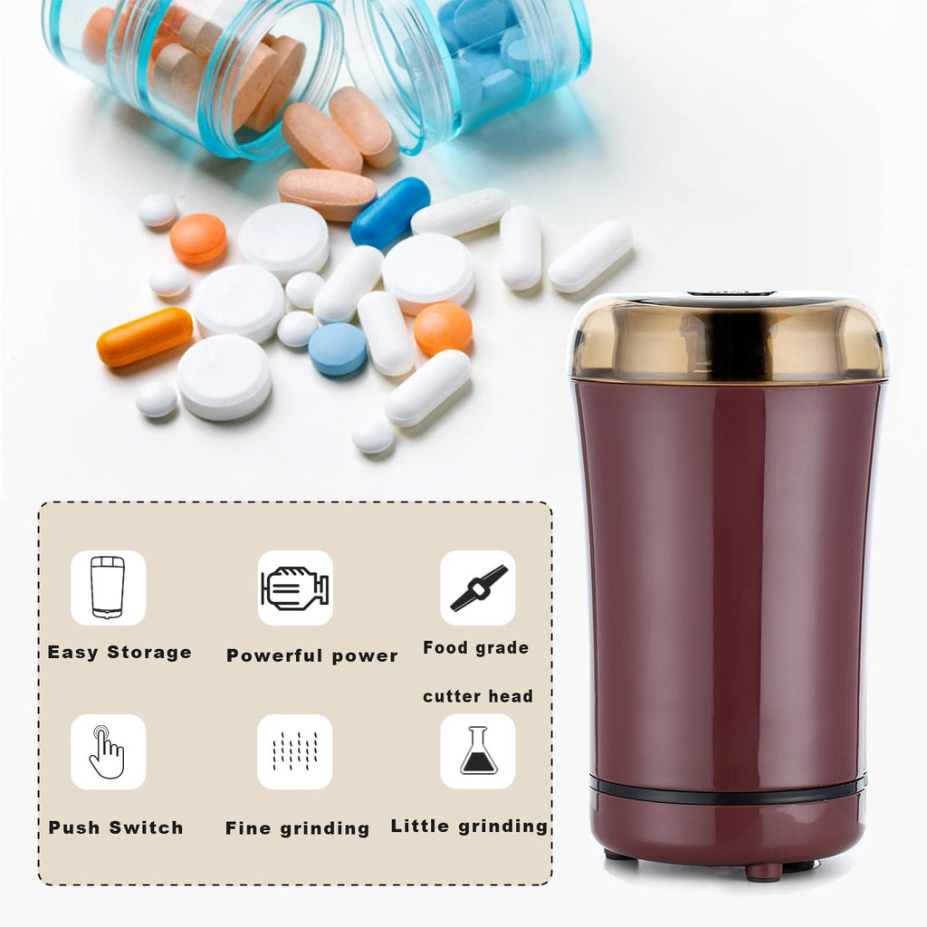 Lid-activated automatic medication crusher showing the cleaning brush accessory