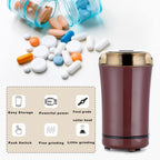 Lid-activated automatic medication crusher showing the cleaning brush accessory