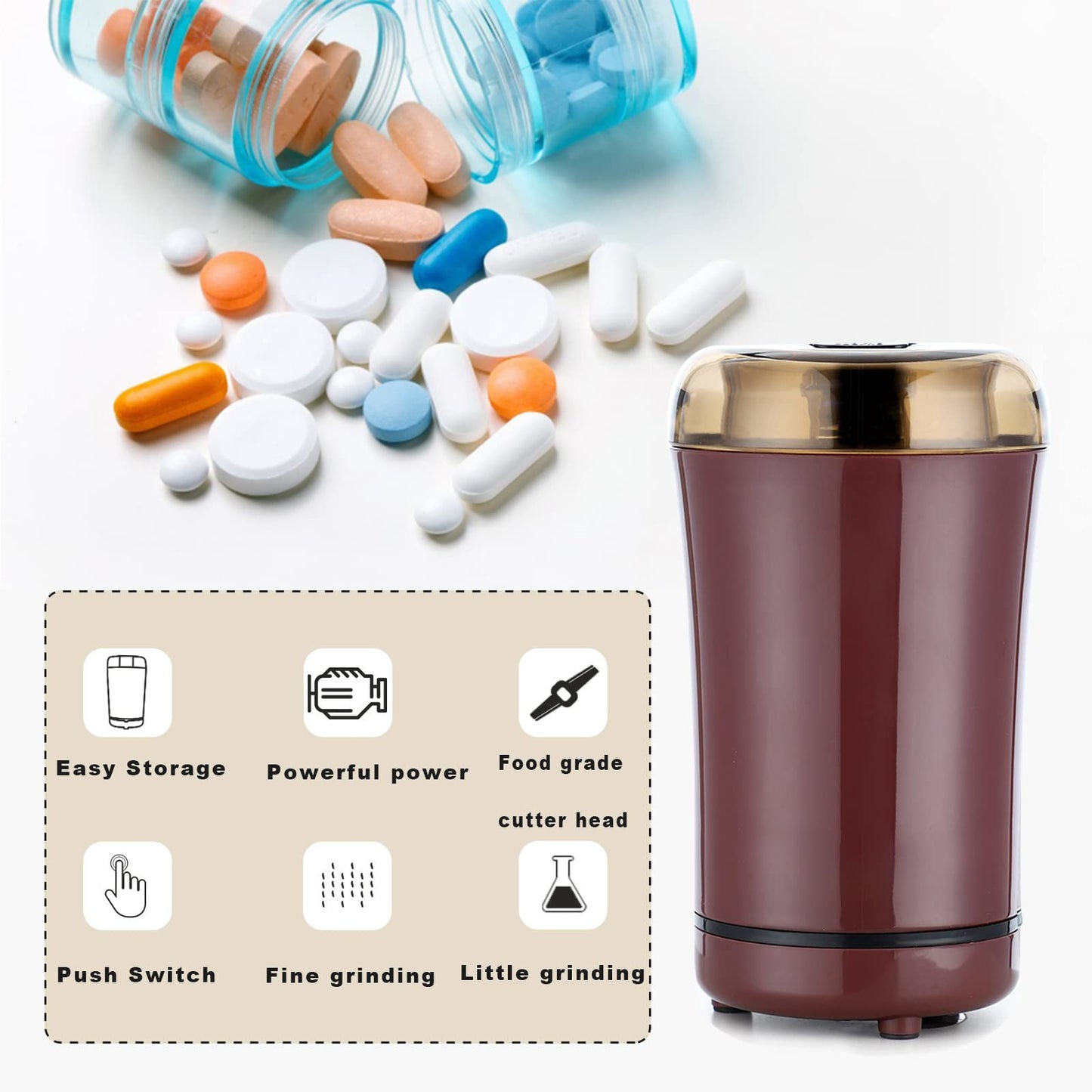Lid-activated automatic medication crusher showing the cleaning brush accessory