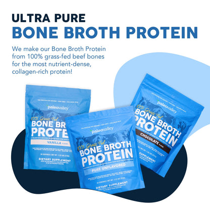 Paleovalley Chocolate Bone Broth Protein Powder bag showing thirteen grams protein claim