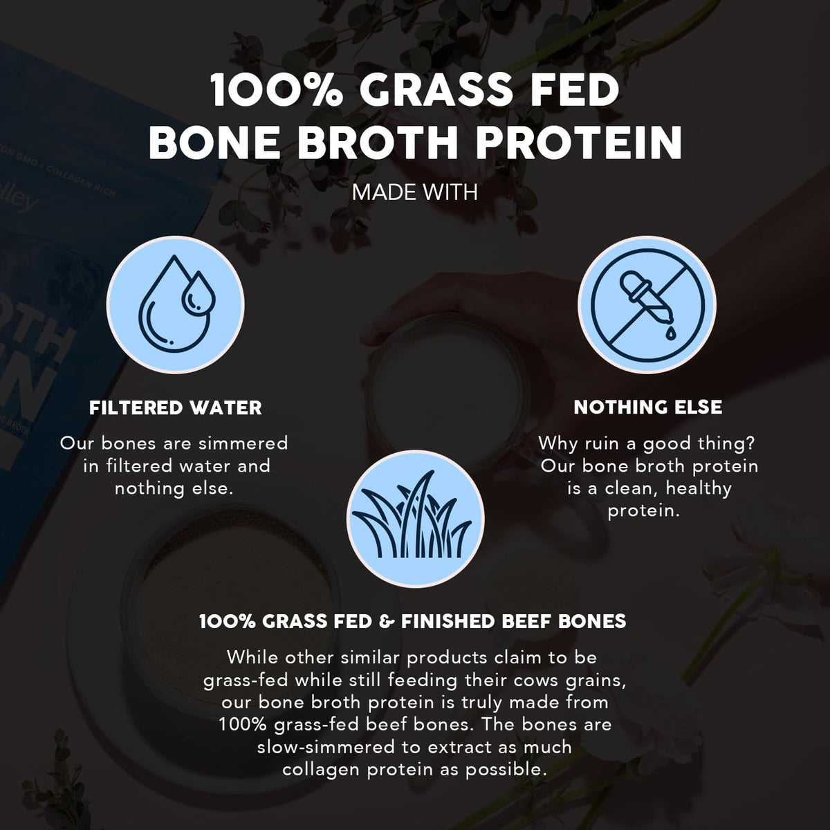 Paleovalley collagen rich protein powder bag with pasture raised beef bones certification icon