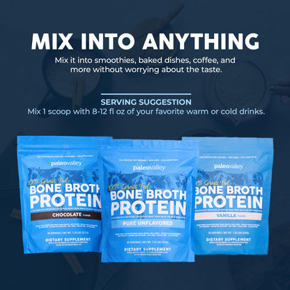 Nutritional facts panel on Chocolate Paleovalley beef bone broth protein container