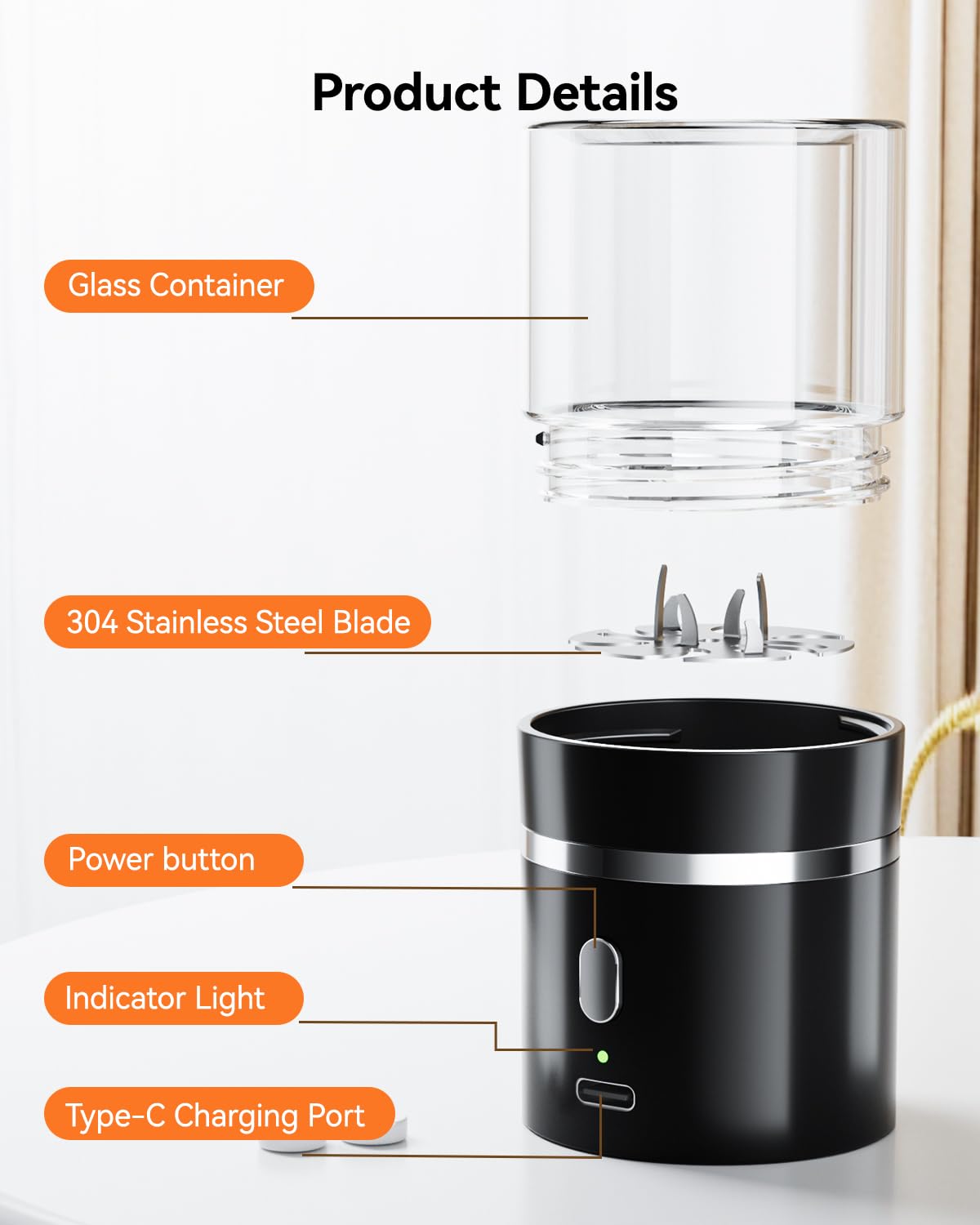 Portable cordless medicine grinder with stainless steel blades for fine powder processing