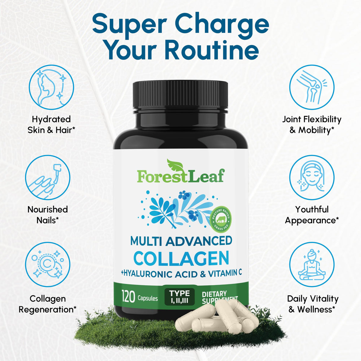 Hydrolyzed collagen types 1 2 and 3 supplement with hyaluronic acid ingredients