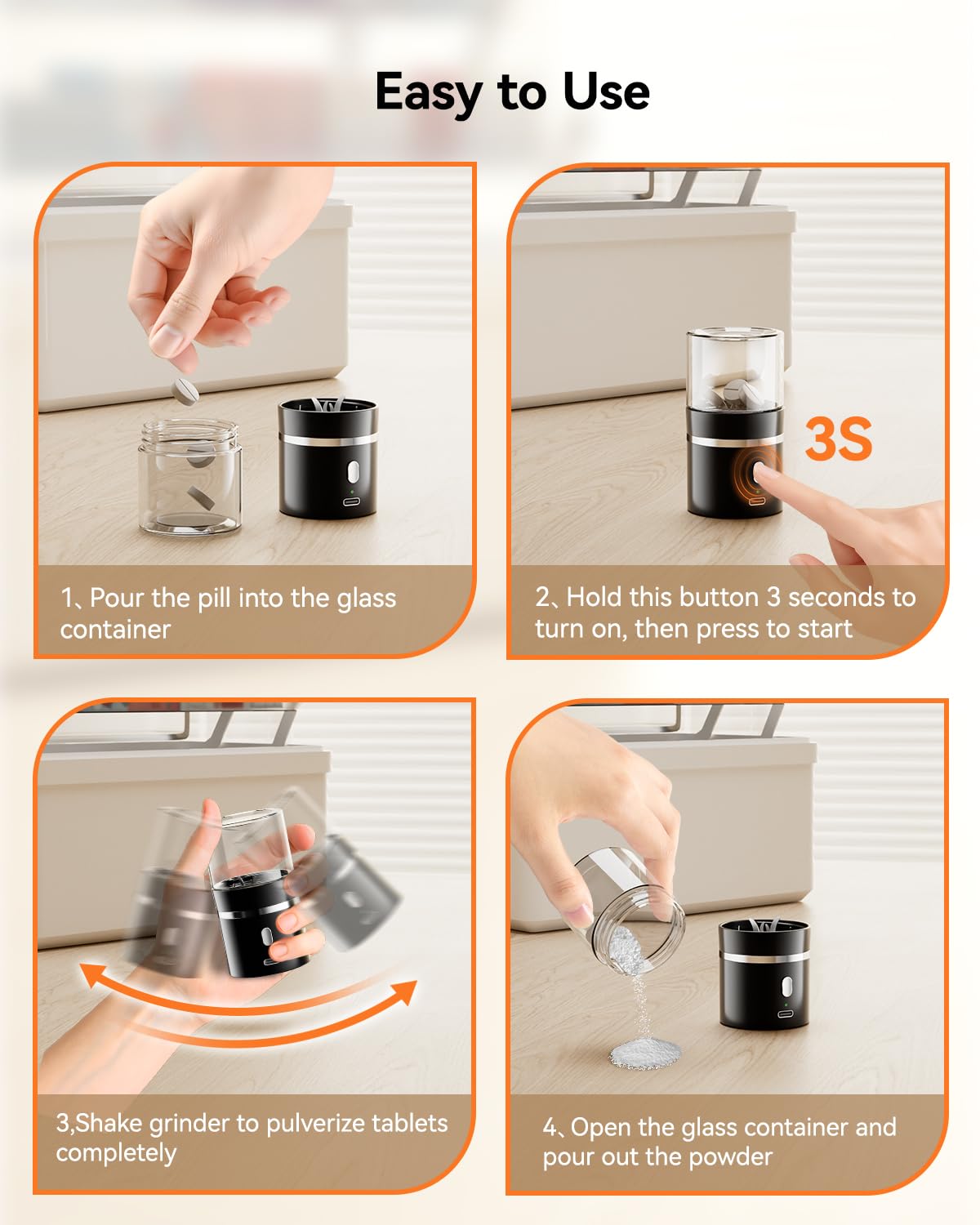 Electric medication grinder displaying single button operation for automatic powdering