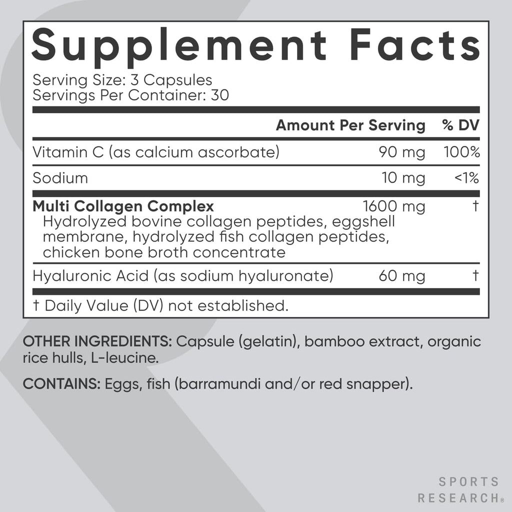 Sports Research multi collagen complex dietary supplement bottle angled display for wellness.