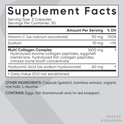 Sports Research multi collagen complex dietary supplement bottle angled display for wellness.