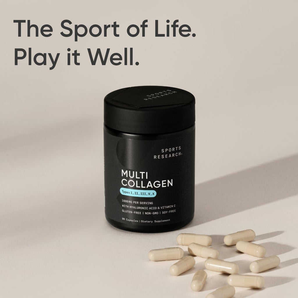 Close up of Sports Research multi collagen pills packaging highlighting types I II III V X.