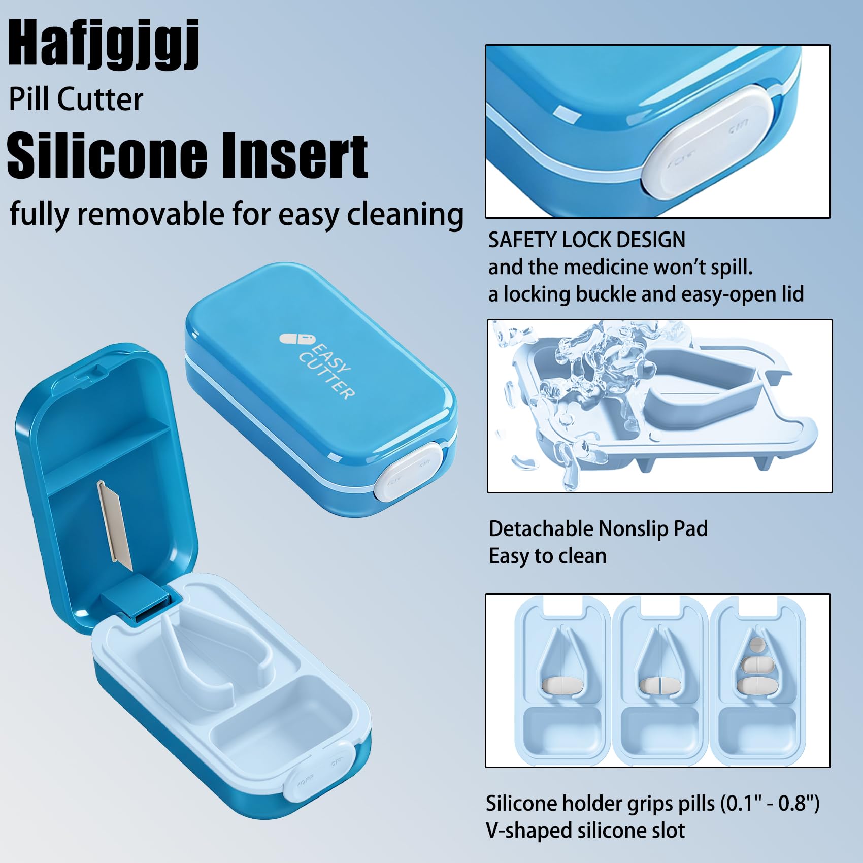 Hafigigi travel friendly tablet divider open view showcasing the stainless steel blade and safety guard.