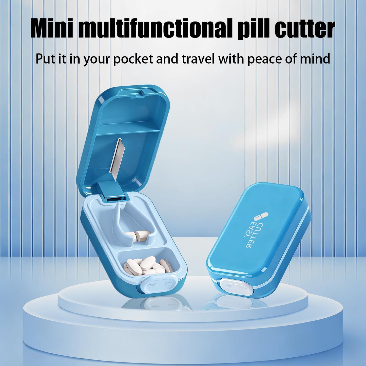 Portable 2-in-1 pill cutter with V-shaped channel holding a small medicine tablet securely.