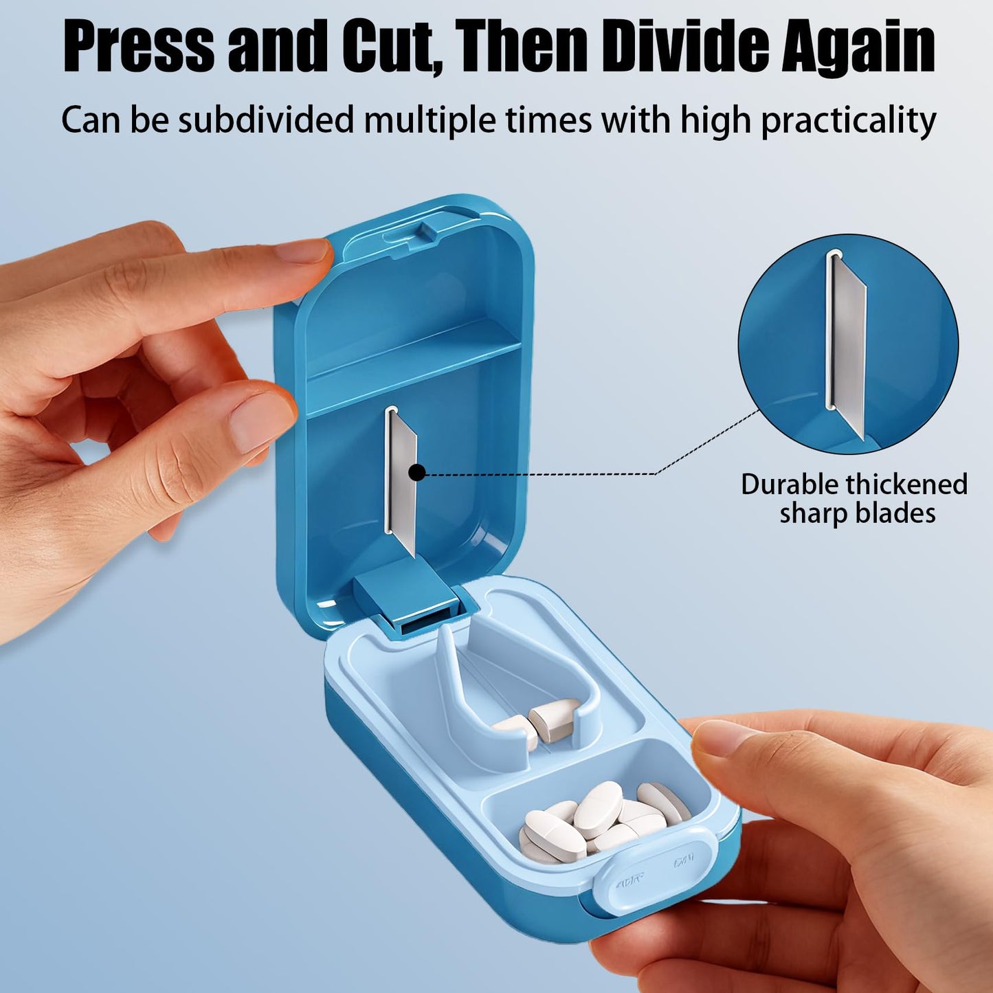 BPA-free pink medical pill splitter showing the dual built-in medication storage compartments.