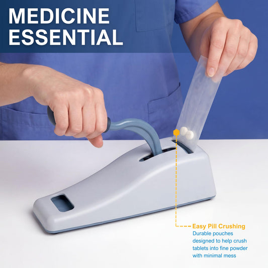 Clear medical grade tablet crushing bags showing 7 mil thick heavy duty plastic material