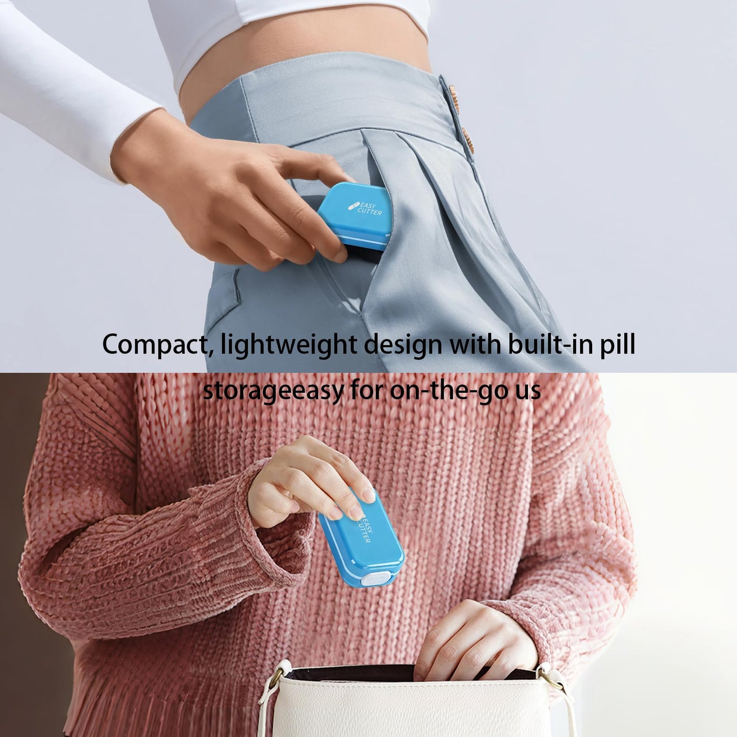 Travel size Hafigigi pill cutter splitter placed inside a small bag for daily dosage management.